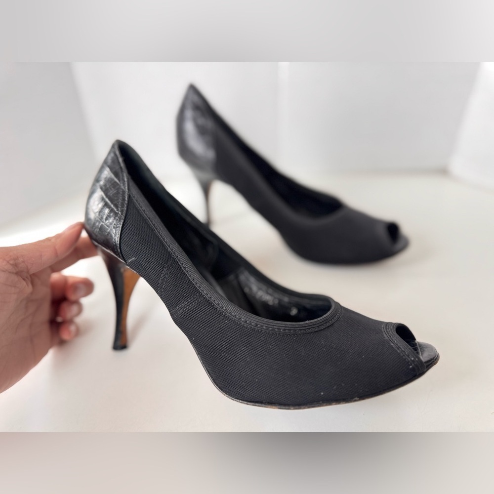 Donald J Pliner Zorba Black Mesh Peep Toe Leather Croc Party Heels Shoes Size 9